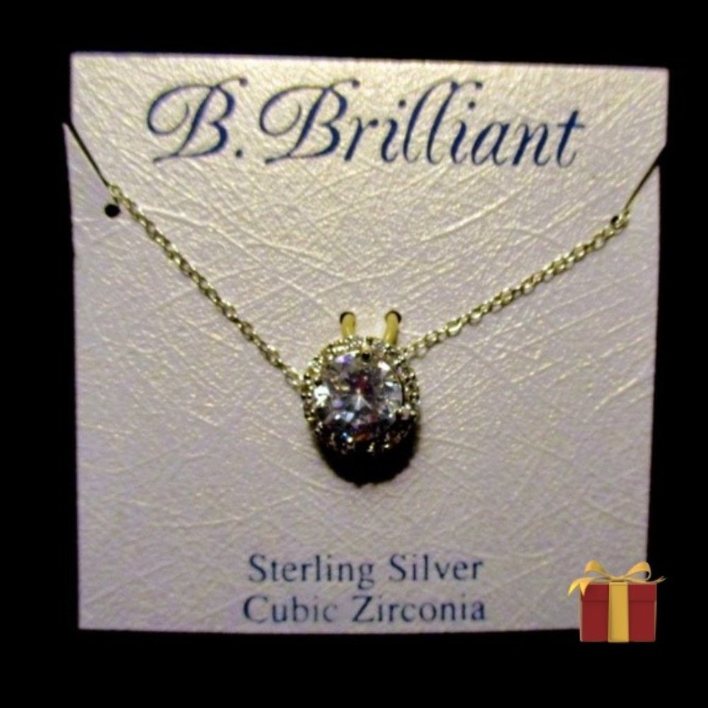 B. BRILLIANT STERLING SILVER SOLITAIRE PENDANT NWT